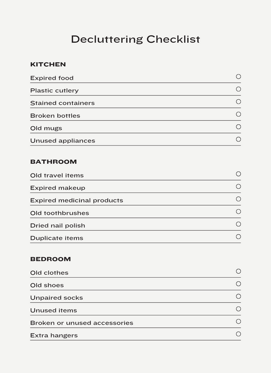 Decluttering checklist for kitchen, bathroom and bedroom.