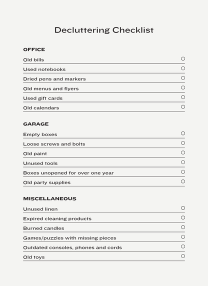 Decluttering checklist for office, garage and miscellaneous.