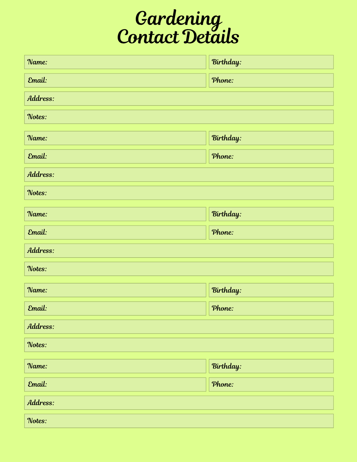 Gardening contact details form on a green background