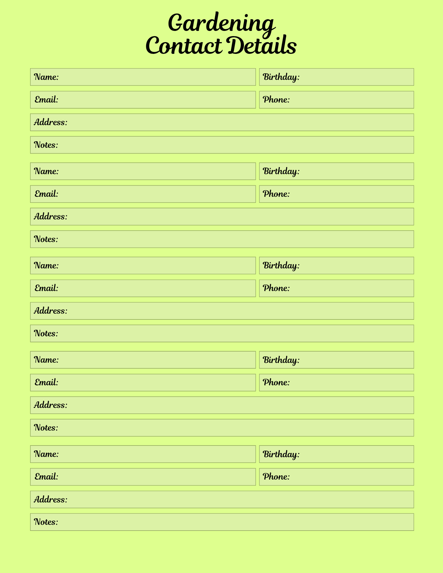 Gardening contact details form on a green background