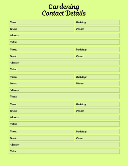 Gardening contact details form on a green background