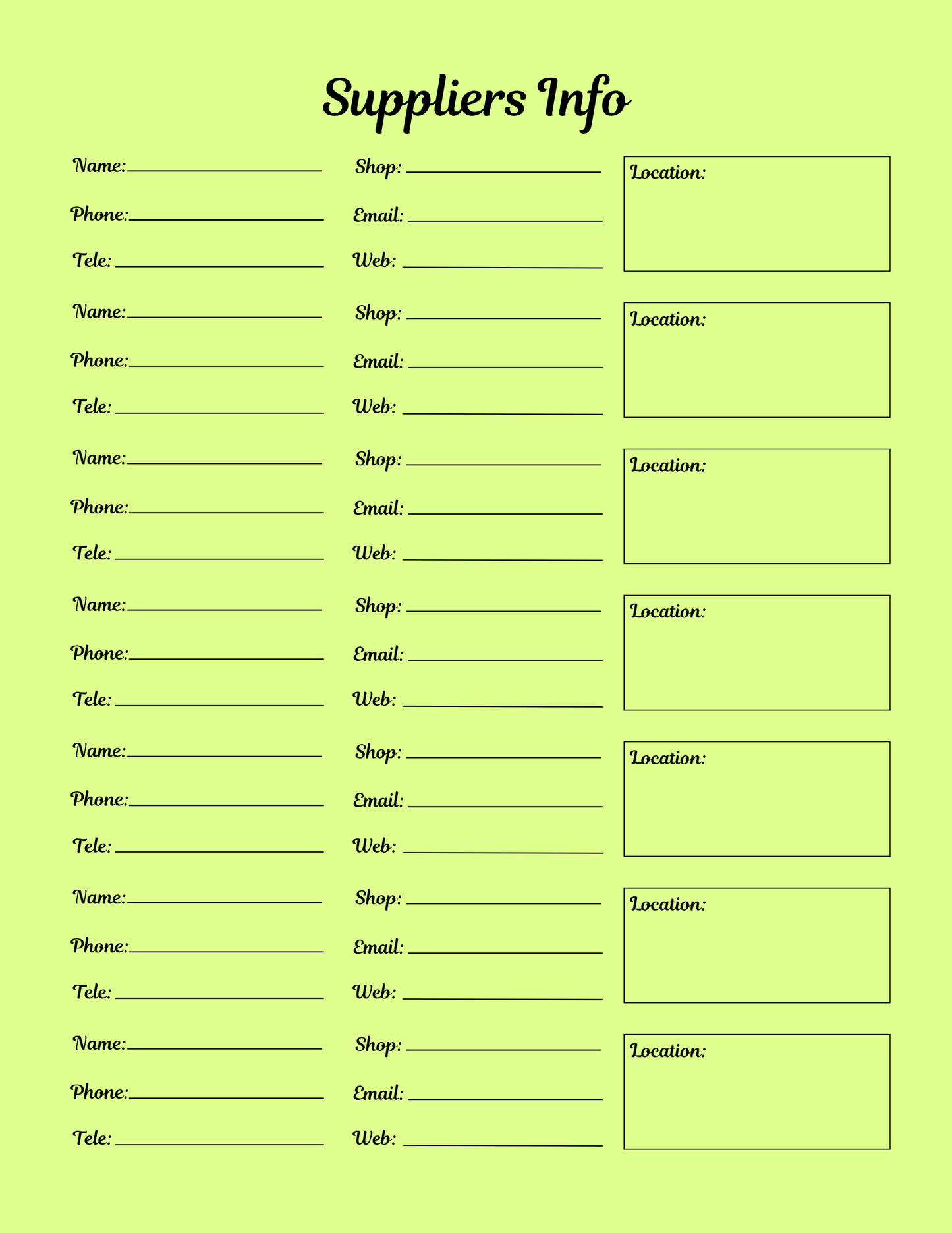 Suppliers information form on a green background