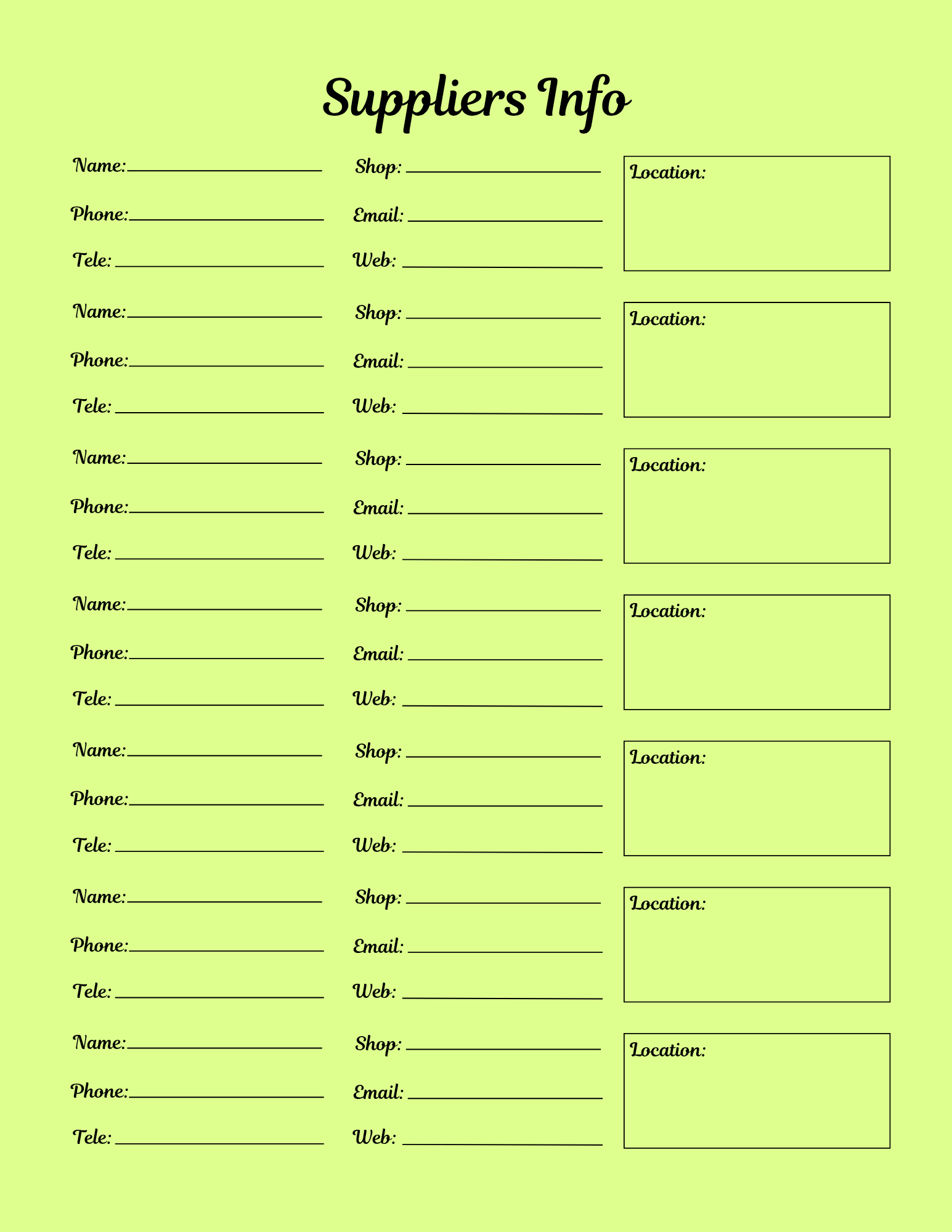 Suppliers information form on a green background