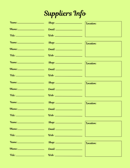 Suppliers information form on a green background