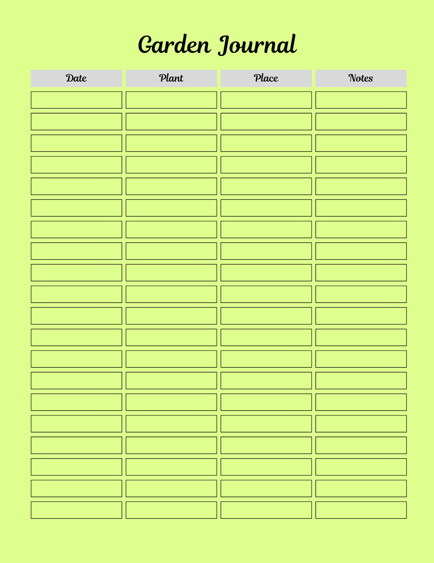 Garden journal template with columns for date, plant, place, and notes on a light green background