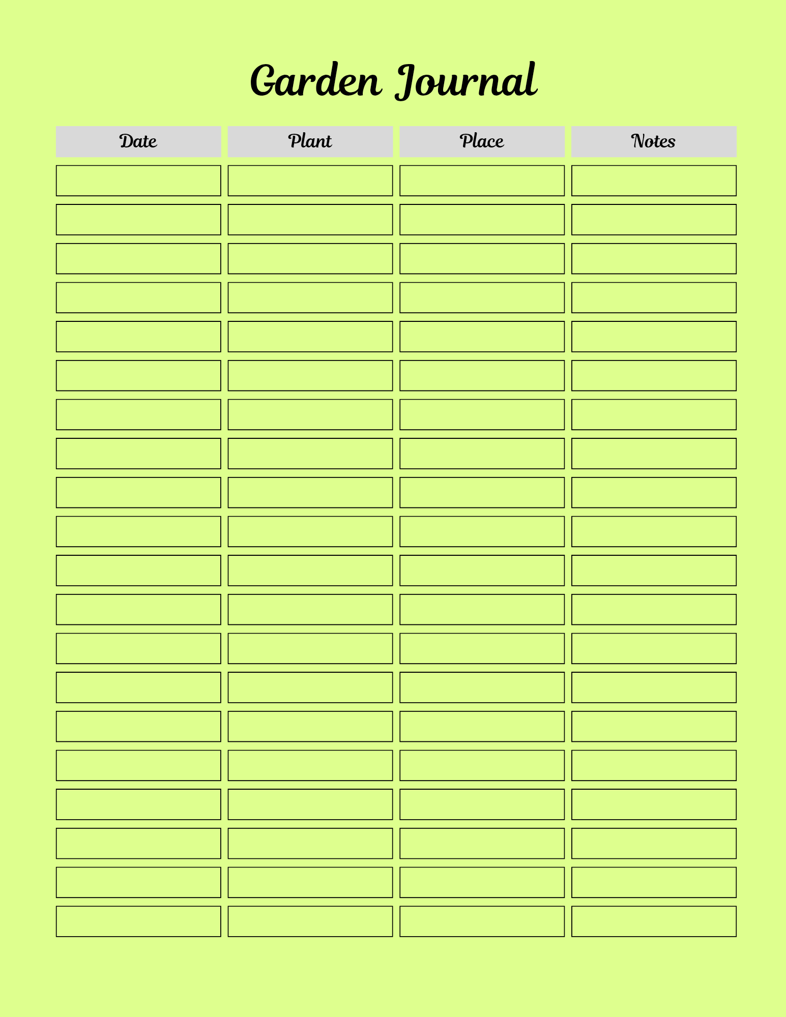 Garden journal template with columns for date, plant, place, and notes on a light green background