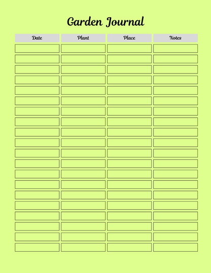 Garden journal template with columns for date, plant, place, and notes on a light green background