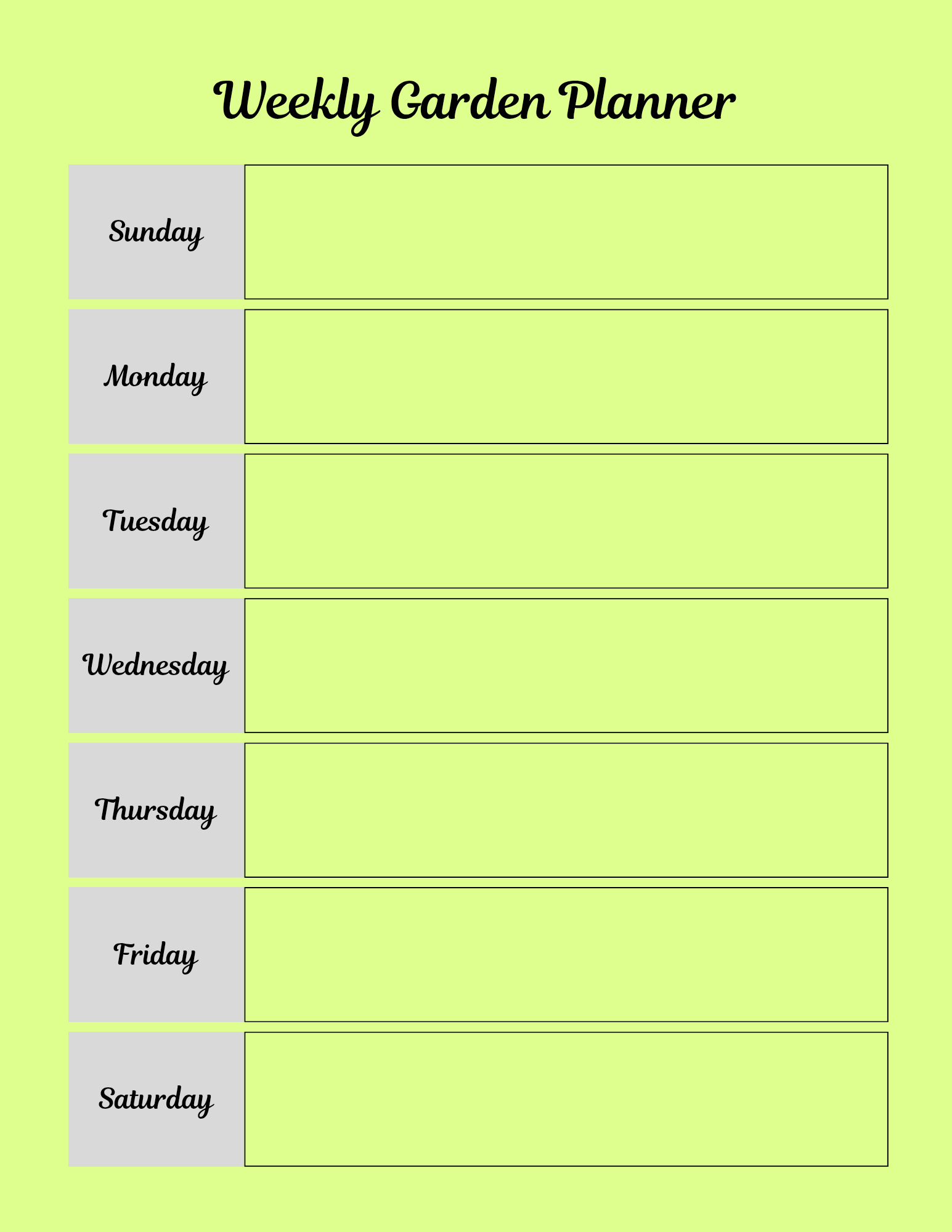 Weekly garden planner with days of the week on a light green background