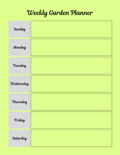 Weekly garden planner with days of the week on a light green background