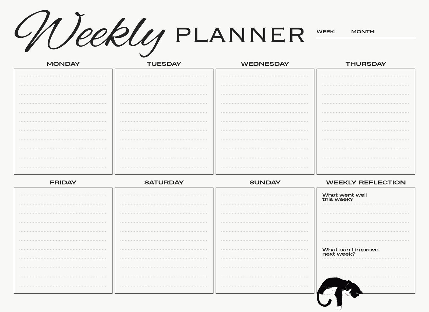 Weekly planner with days of the week and reflection space on a white background