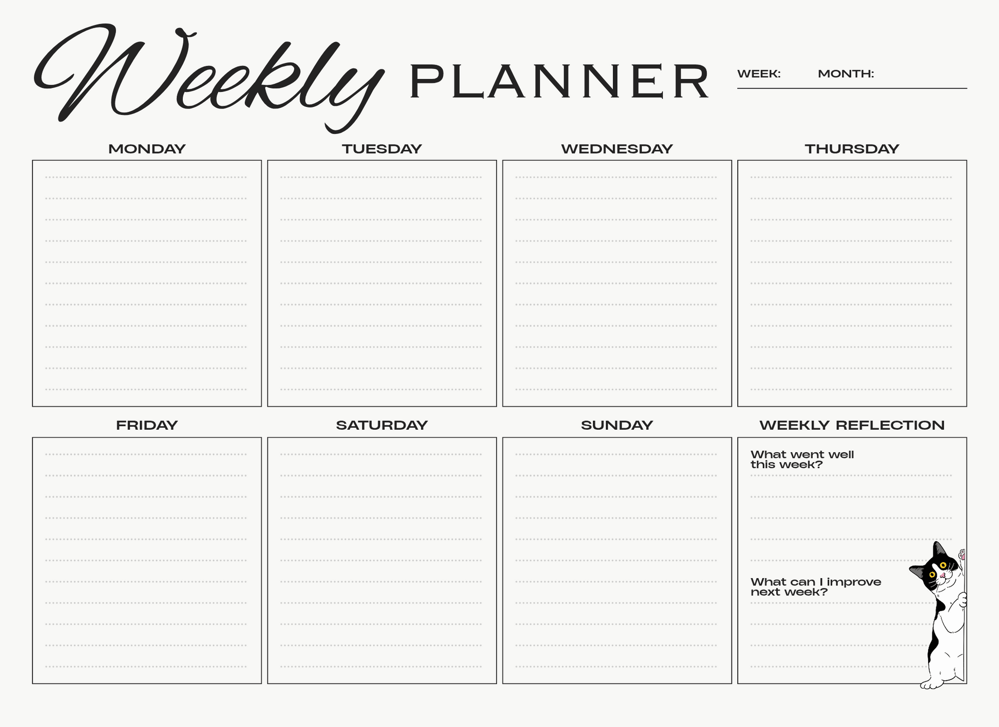 Weekly planner with space for reflection and a small illustration of a dog.
