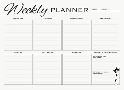 Weekly planner with space for reflection and a small illustration of a dog.
