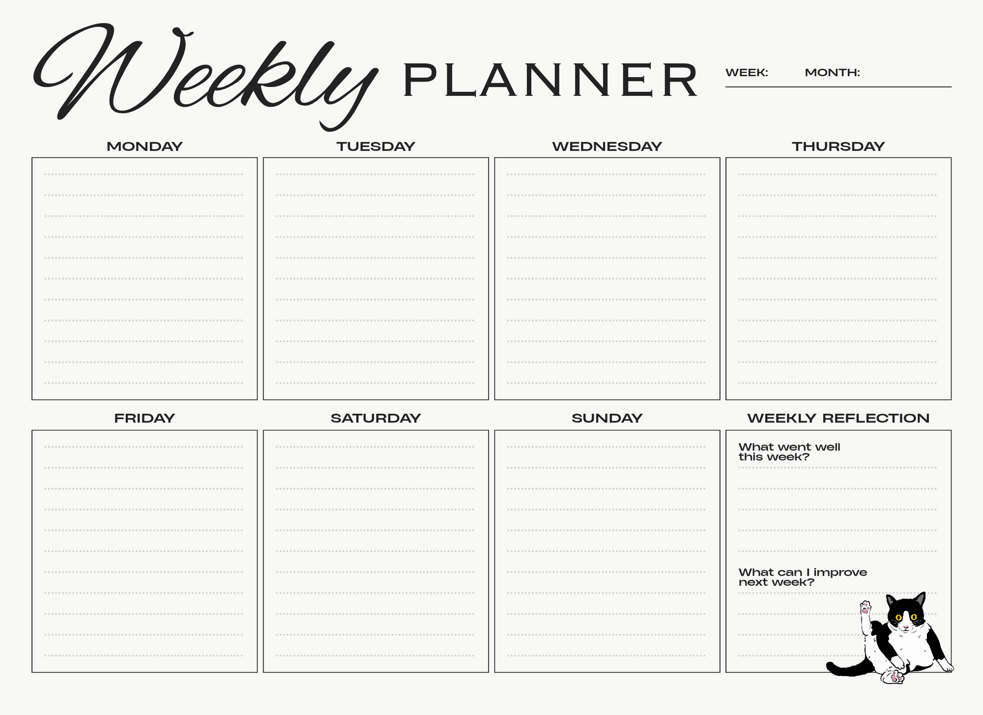 Weekly planner with space for reflection and improvement