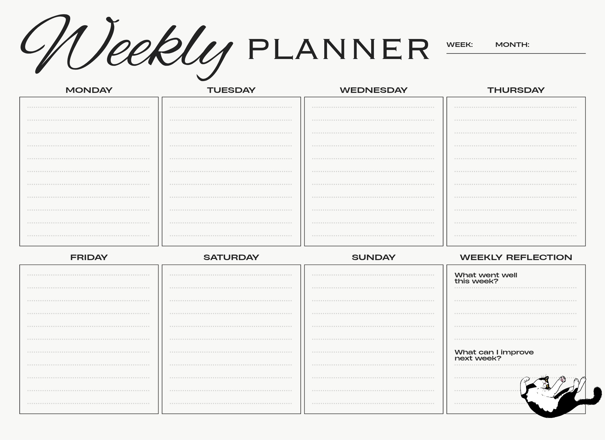 Weekly planner with days of the week and reflection space on a white background