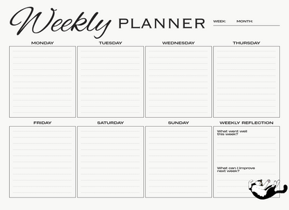 Weekly planner with days of the week and reflection space on a white background