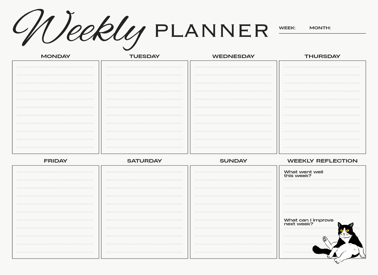 Weekly planner with days of the week and reflection sections.