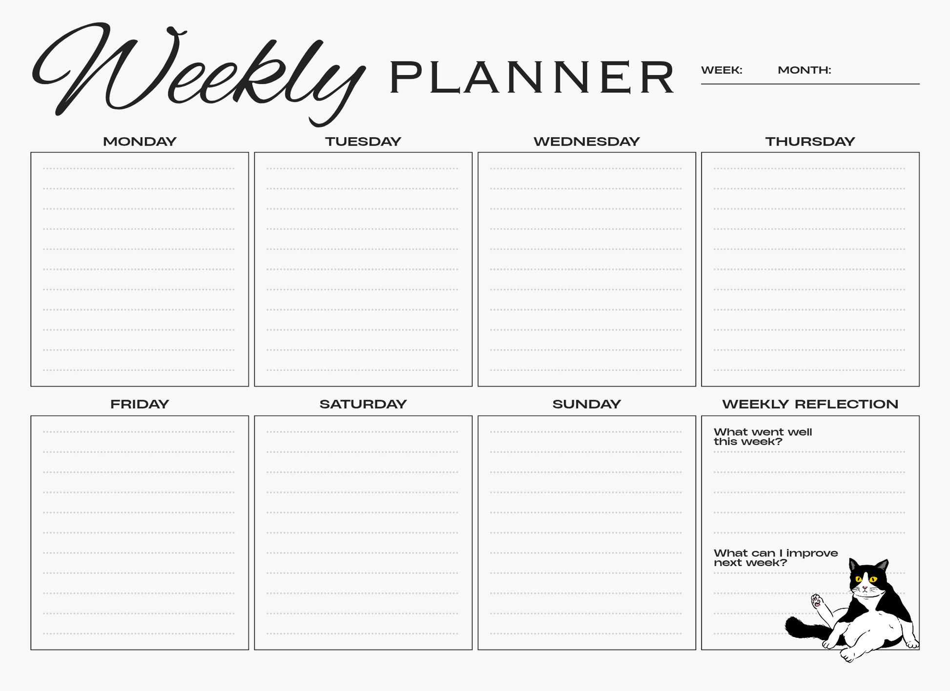 Weekly planner with days of the week and reflection sections.