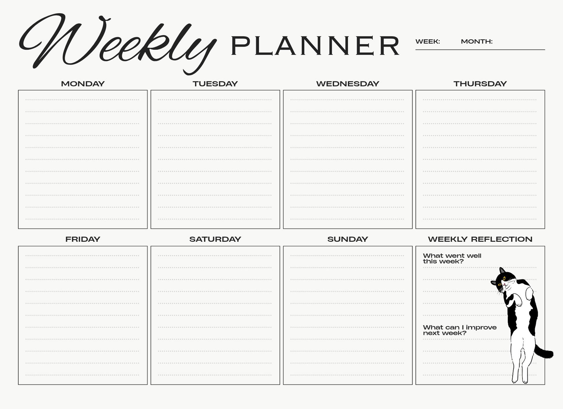 Weekly planner with days of the week and reflection space on a white background