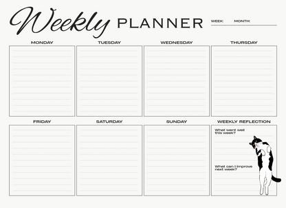 Weekly planner with days of the week and reflection space on a white background
