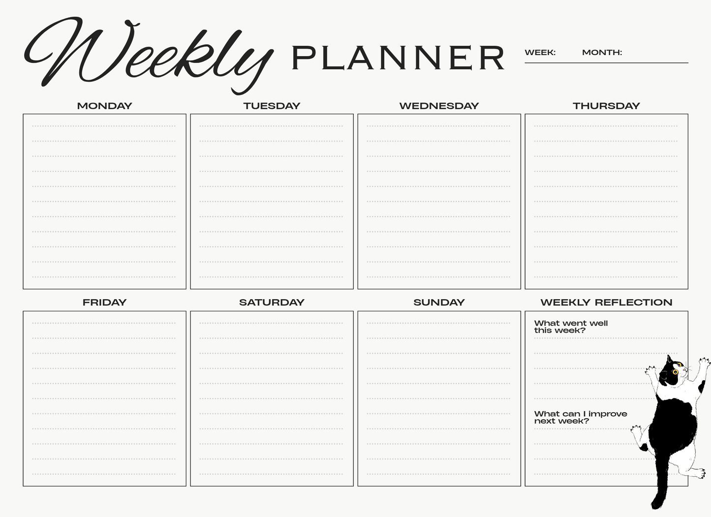 Weekly planner with days of the week and reflection space on a white background