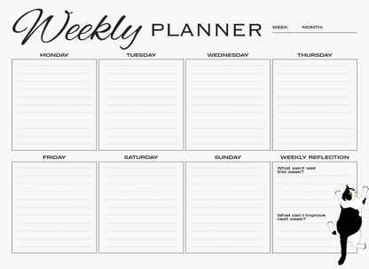 Weekly planner with days of the week and reflection space on a white background