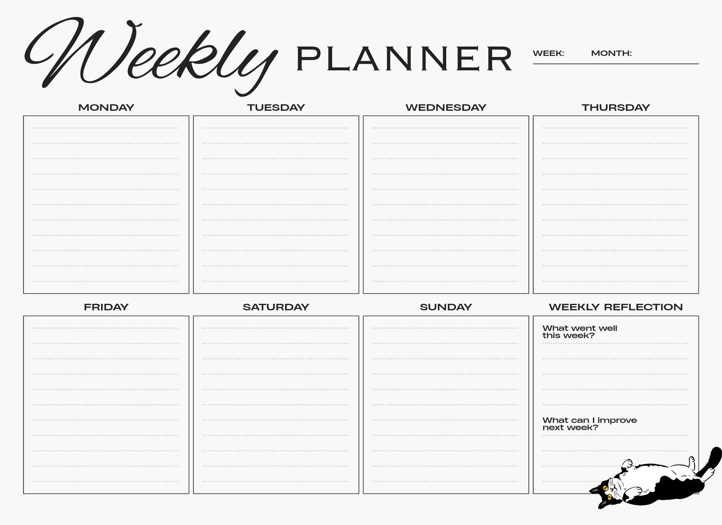 Weekly planner with days of the week and reflection sections on a white background