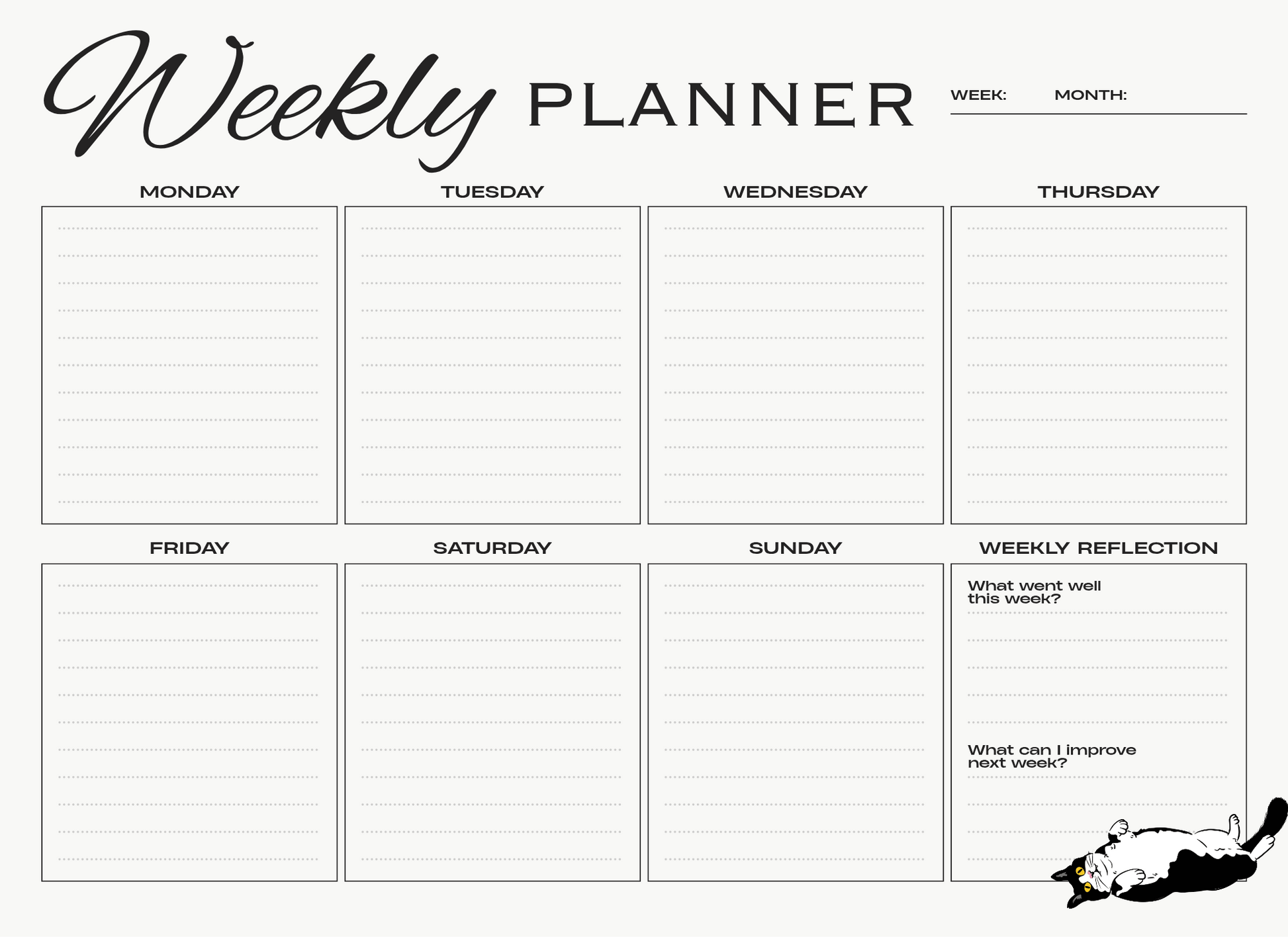 Weekly planner with days of the week and reflection sections on a white background