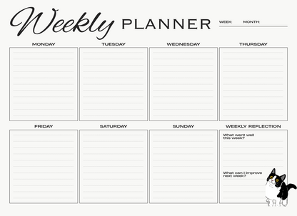 Weekly planner with days of the week and reflection prompts, featuring a cat illustration.