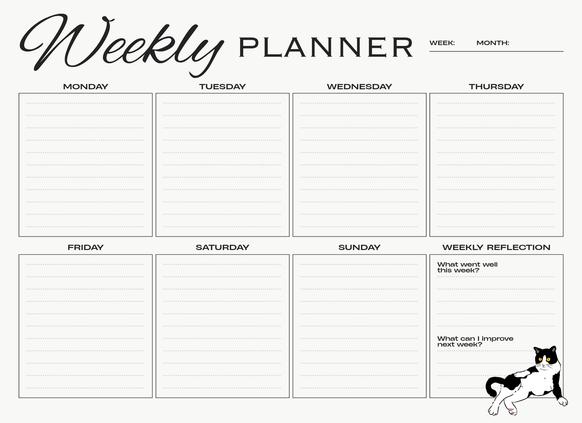 Weekly planner with days of the week and reflection space, featuring a black and white cat illustration.