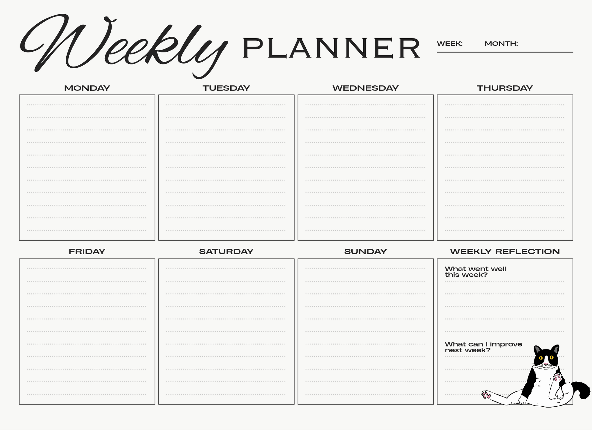 Weekly planner with days of the week and reflection space, featuring a cat illustration.