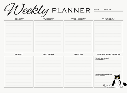 Weekly planner with days of the week and reflection space, featuring a cat illustration.
