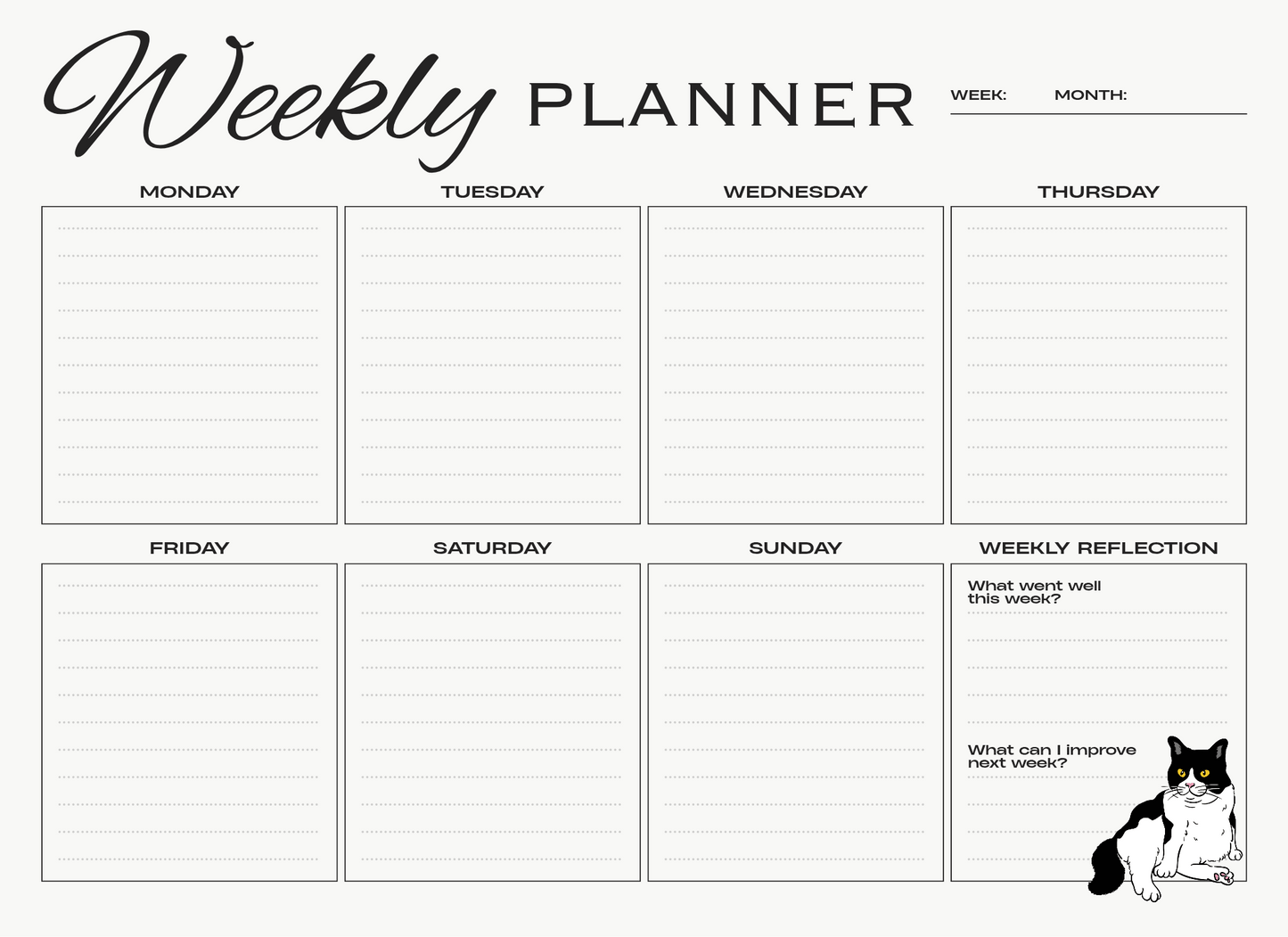 Weekly planner with days of the week and reflection space, featuring a cat illustration.
