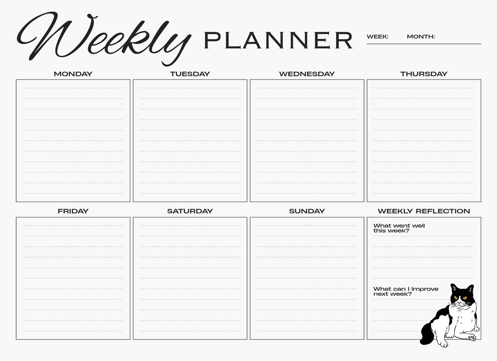 Weekly planner with days of the week and reflection space, featuring a cat illustration.