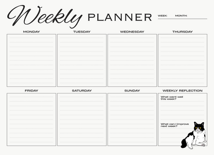 Weekly planner with days of the week and reflection space, featuring a cat illustration.