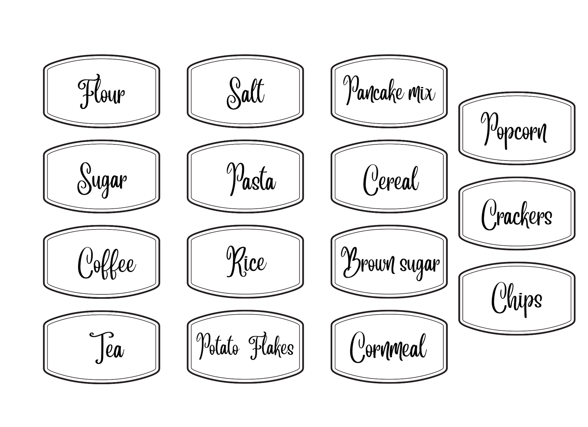 Black on white labels for pantry items.