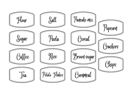 Black on white labels for pantry items.