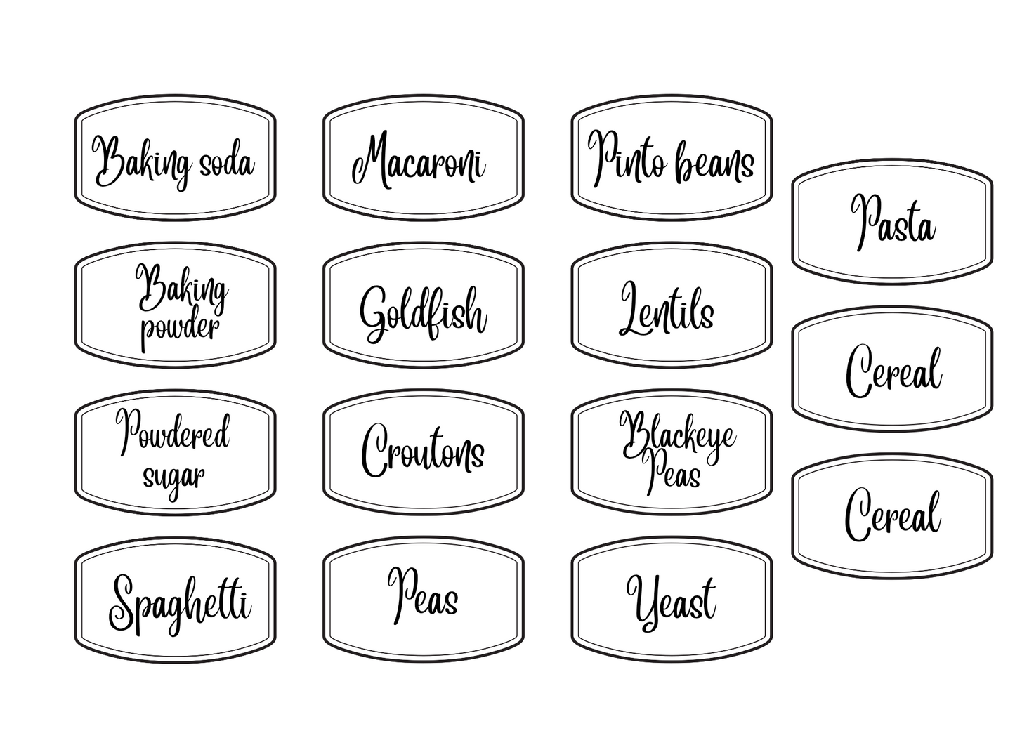 Black on white labels for pantry items.