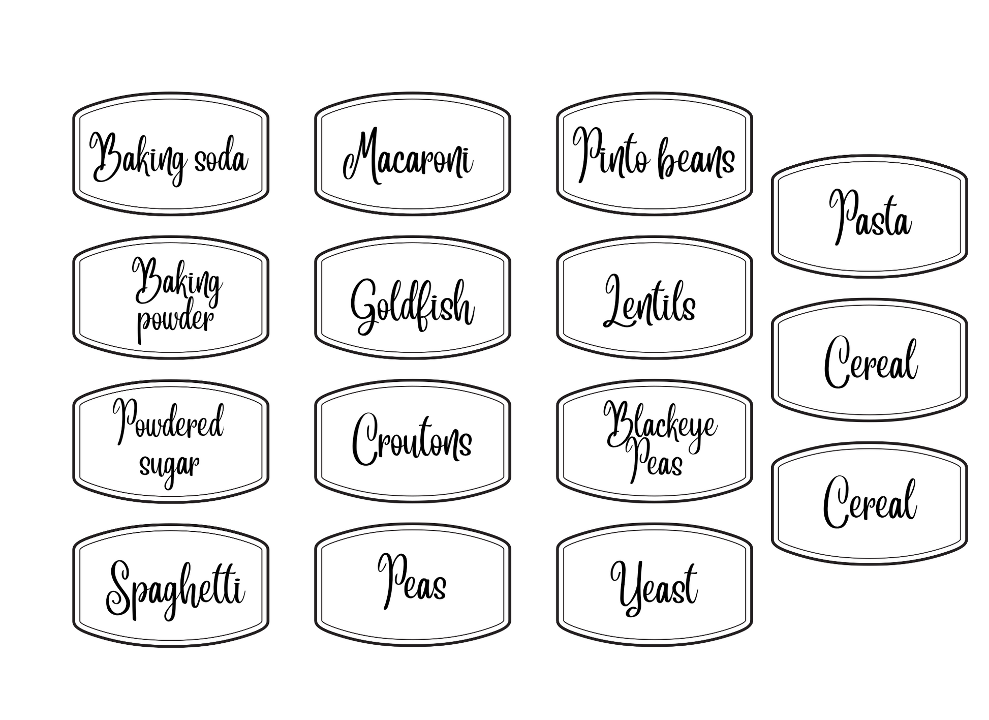 Black on white labels for pantry items.
