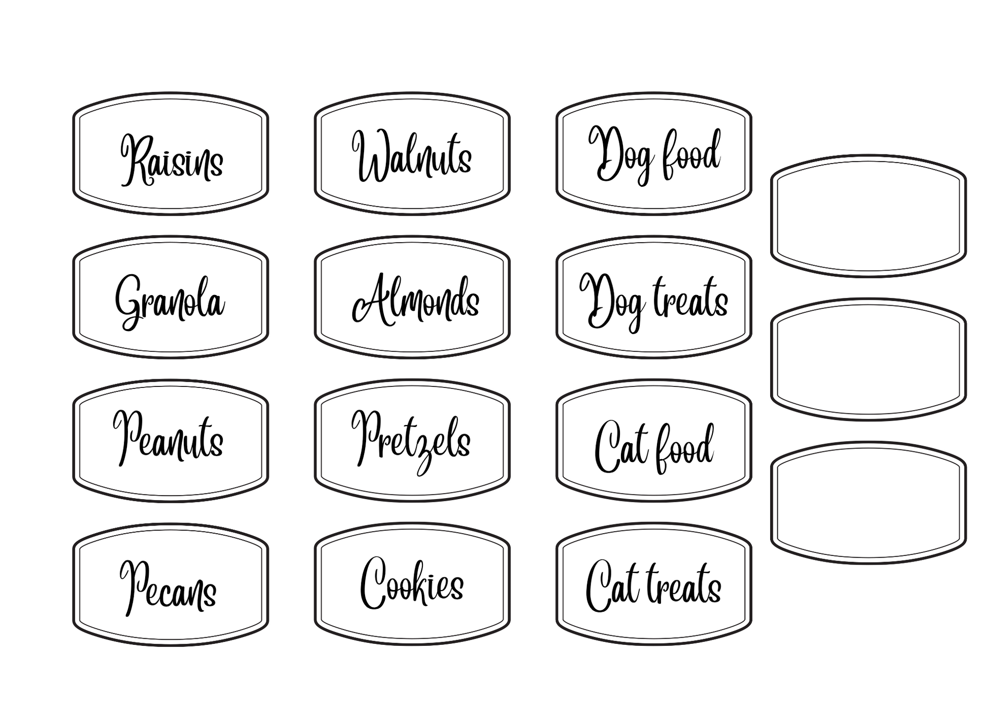 Black on white labels for pantry items.