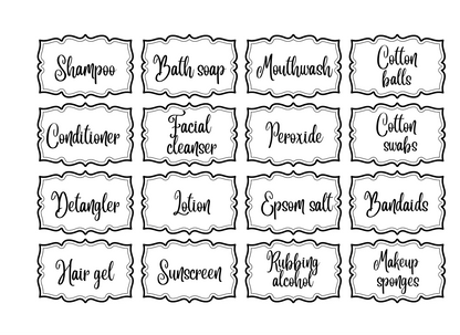 Black on white labels for toiletries. 
