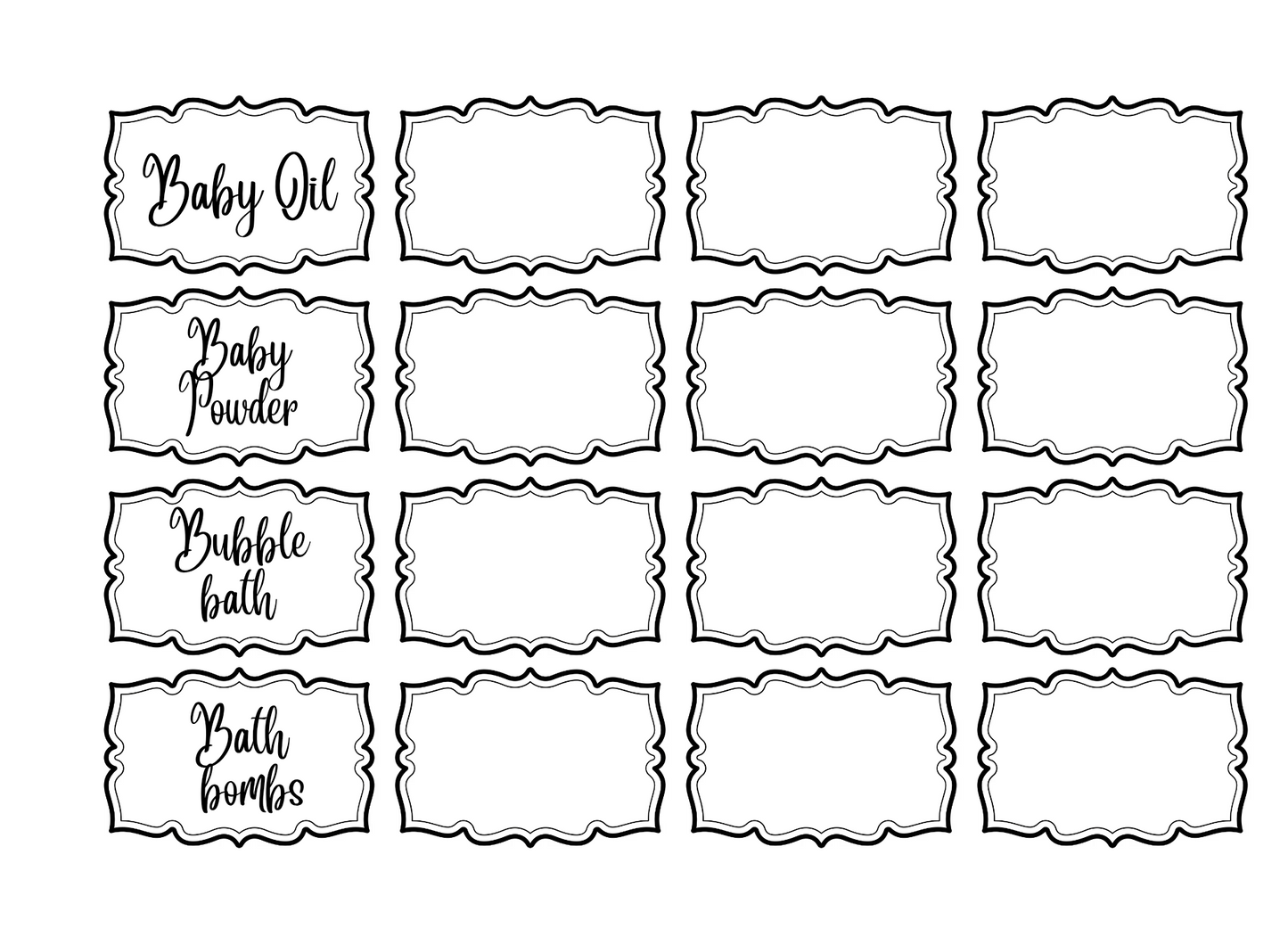 Black on white labels for toiletries, plus blanks to customize. 