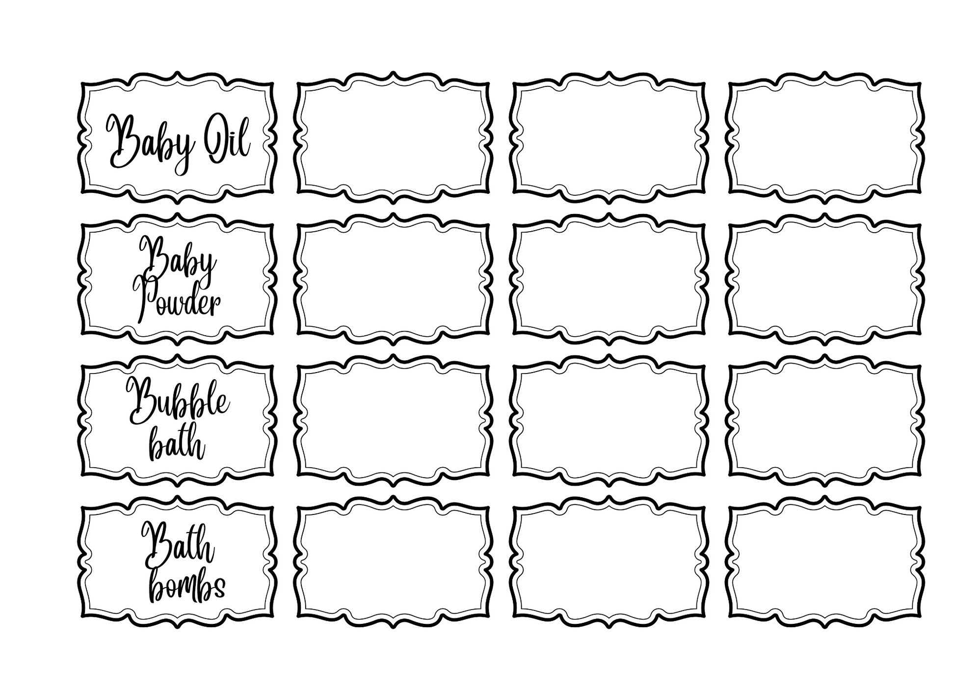 Black on white labels for toiletries, plus blanks to customize. 
