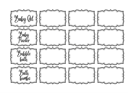Black on white labels for toiletries, plus blanks to customize. 