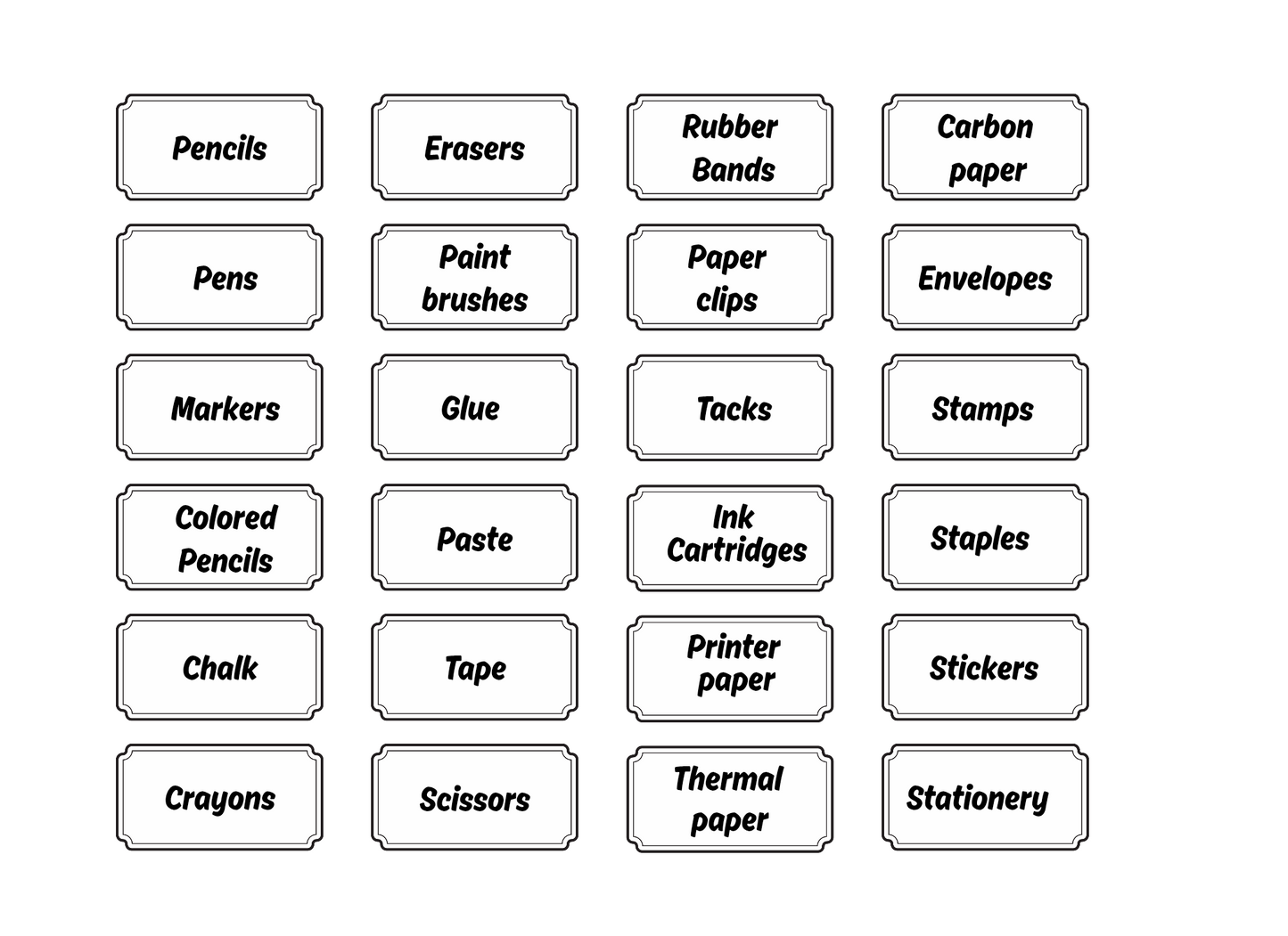 Black on white labels for office supplies. 