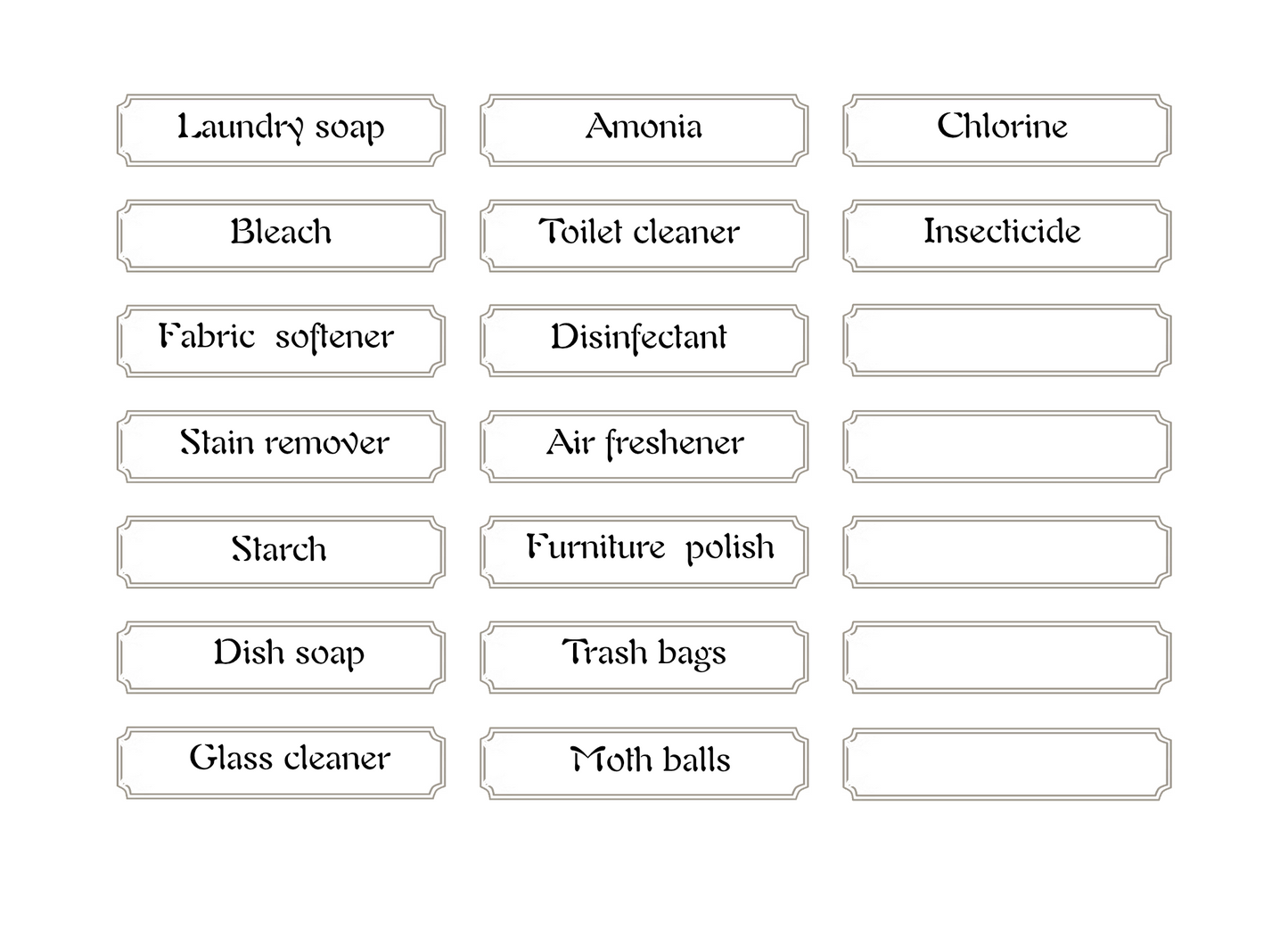 Labels for cleaning supplies.