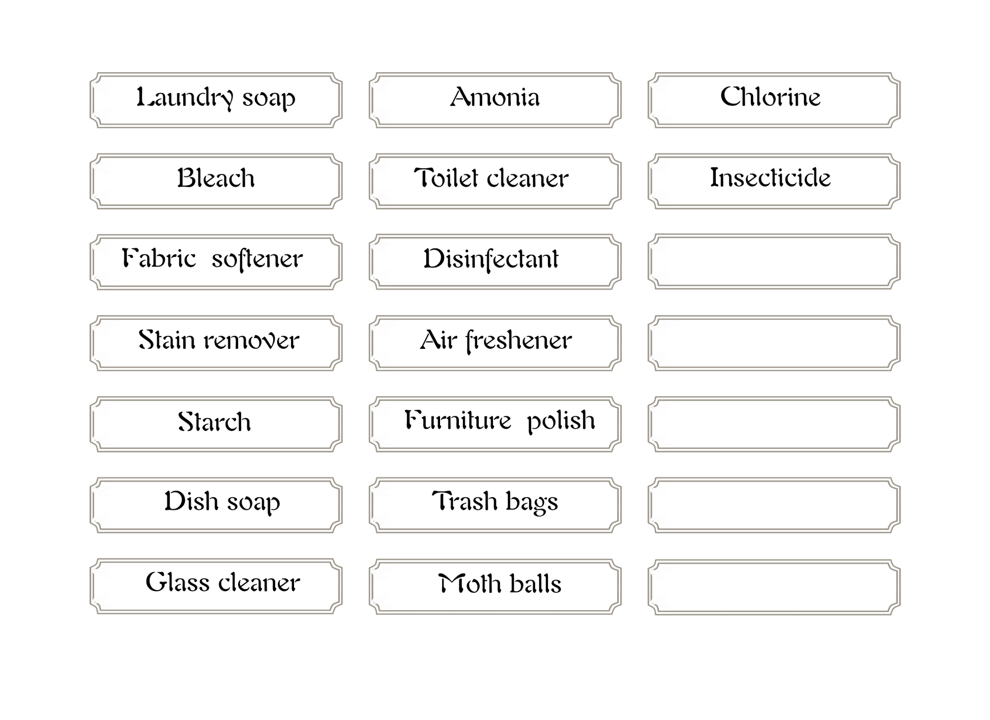 Labels for cleaning supplies.