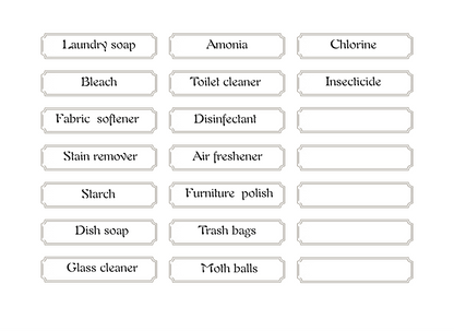 Labels for cleaning supplies.