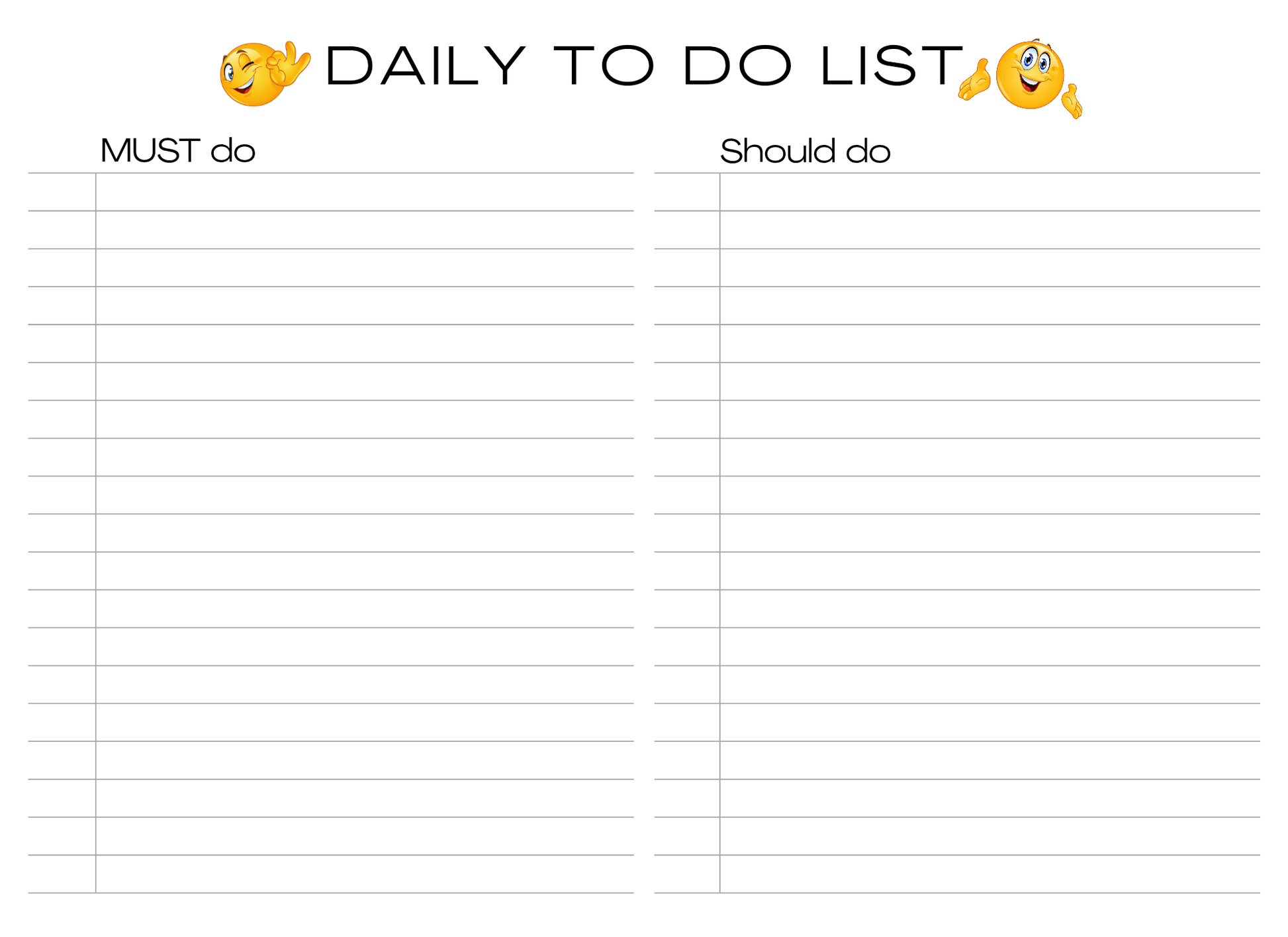 Daily to-do list template with 'Must do' and 'Should do' columns on a white background.