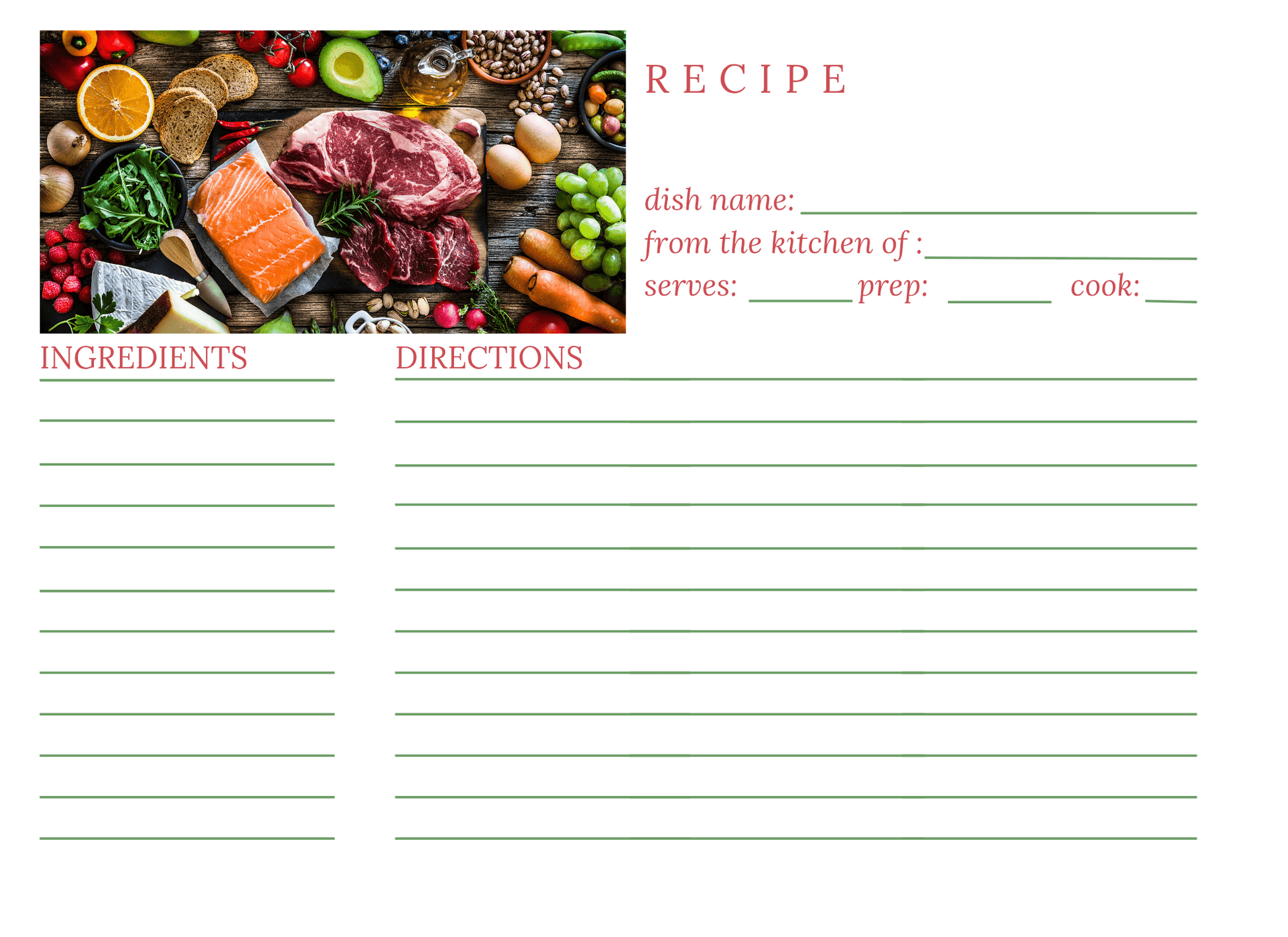 Blank recipe card with ingredients and directions for a dish, featuring a colorful image of food at the top.