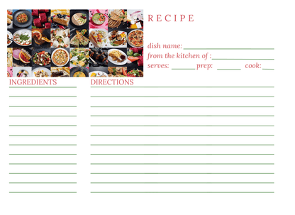 Recipe card with photo collage of dishes at the top and blank sections below.